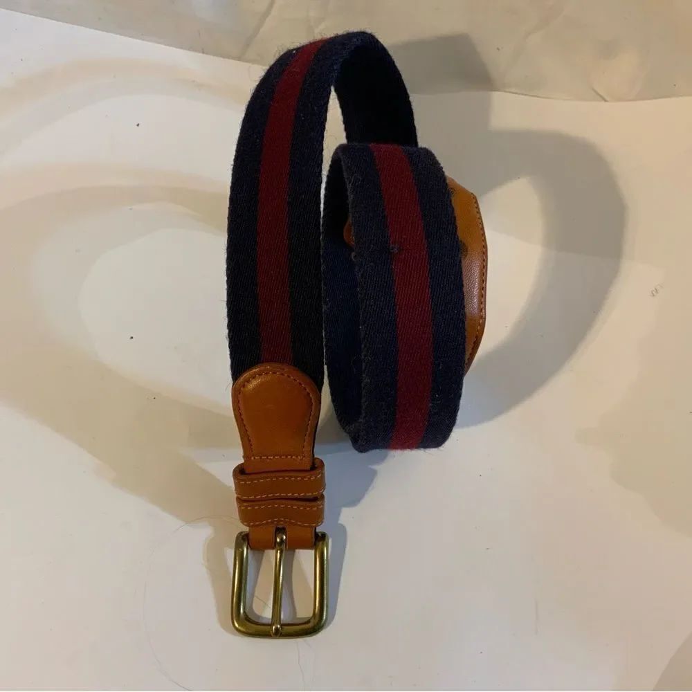 Coach Wool Surcingle Belt Burgundy Navy Blue Stripes Brass Size 36 90 cm